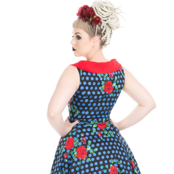 Hearts & Roses London Red & Blue Rose Marie A-Line Dress, - Picture 1 of 5